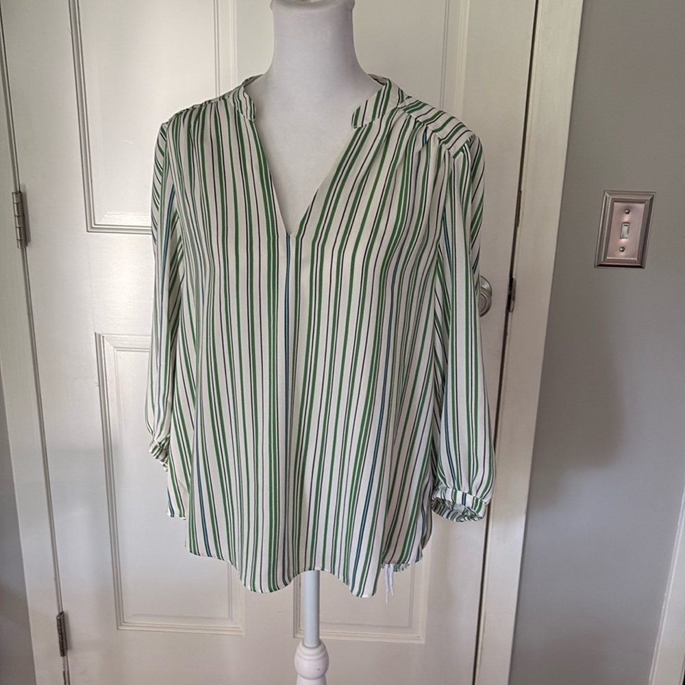 EUC Cabi Awning Striped Blouse Size XS 3/4 Sleeves Green White Black - no flaws